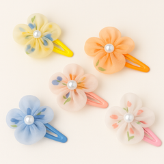 Pack of 10 Polka Dot Flower Hair Clips with Pearl Center