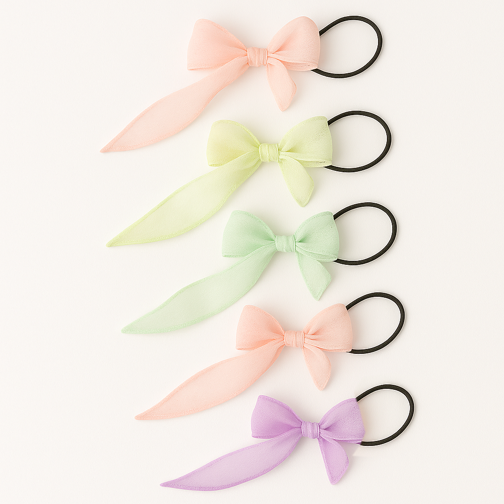 Pack of 5 Sheer Ribbon Bow Hair Ties for Girls and Women