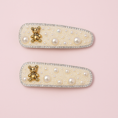Elegant Teardrop Pearl Hair Pin with Teddy Charm – Medium Size
