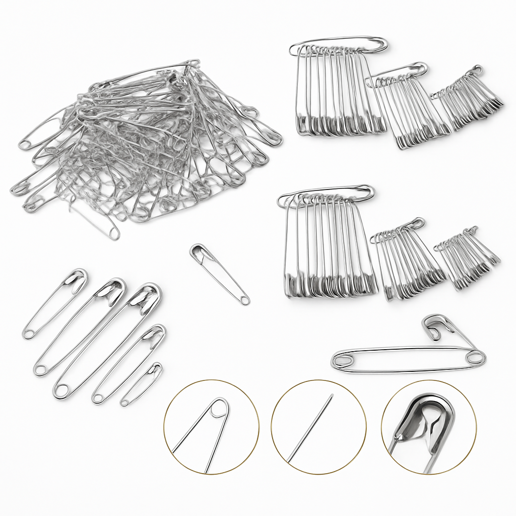 60-Piece Silver Safety Pins Set – 5 Assorted Sizes – Heavy-Duty, Rust-Free Steel Pins for Sewing, DIY, Crafts, and Everyday Use
