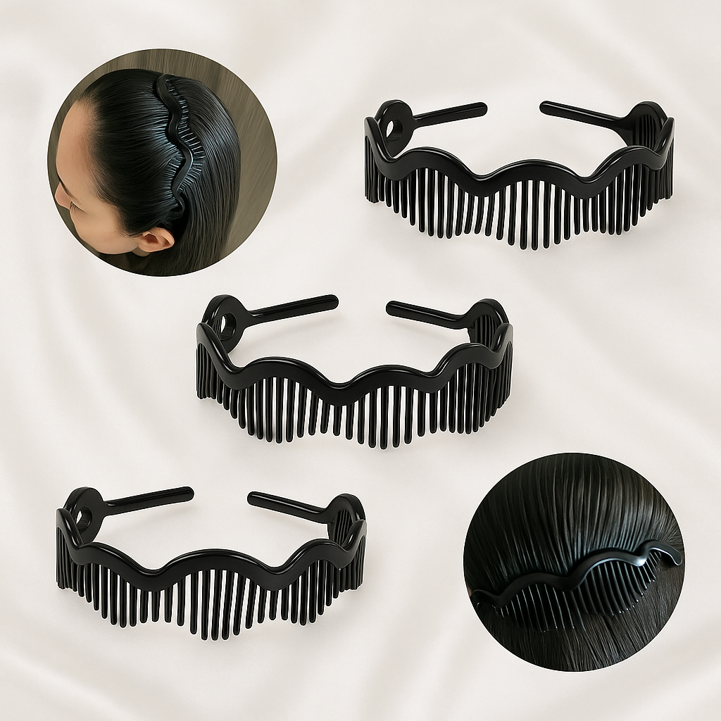 3-Pack Black Wave-Style Comb Headbands – No-Slip, Flexible Plastic Hair Bands for Women & Girls
