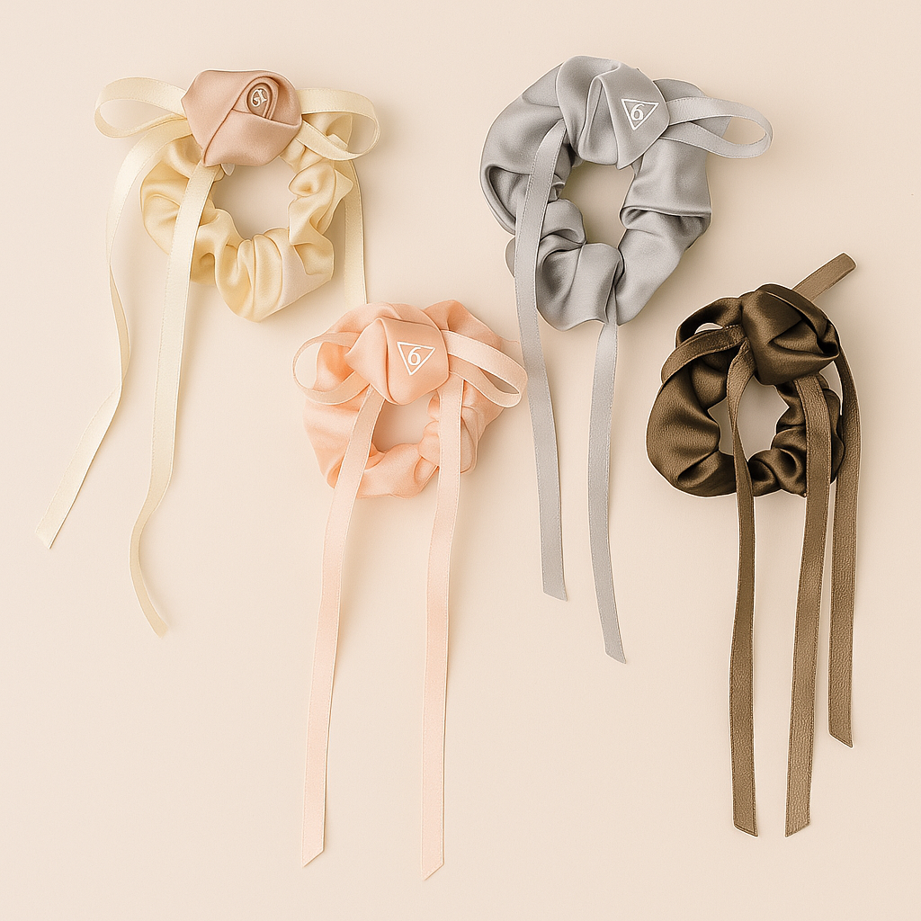 Ribbon Charm Satin Scrunchies – Set of 4