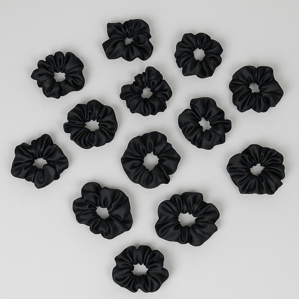 Classic Black Satin Scrunchies – Pack of 12