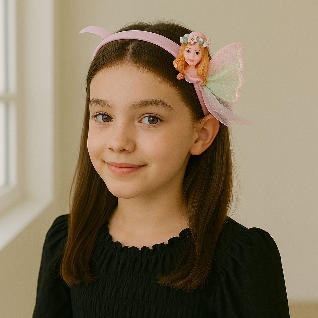 Pastel Rainbow Fairy Princess Headband with Glitter Wings & Ribbons – Medium Size