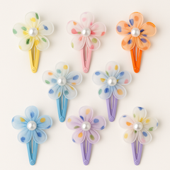 Pack of 10 Polka Dot Flower Hair Clips with Pearl Center