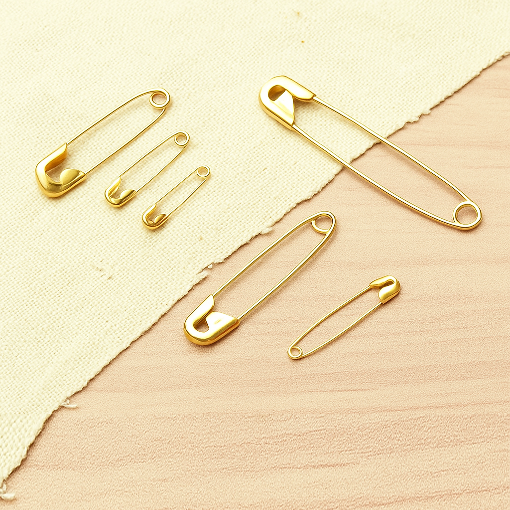 60-Piece Golden Safety Pins Set – Assorted Sizes (5 Sizes) – Rust-Resistant, Durable Metal Pins for Sewing, DIY, Crafts & Garments  Description: