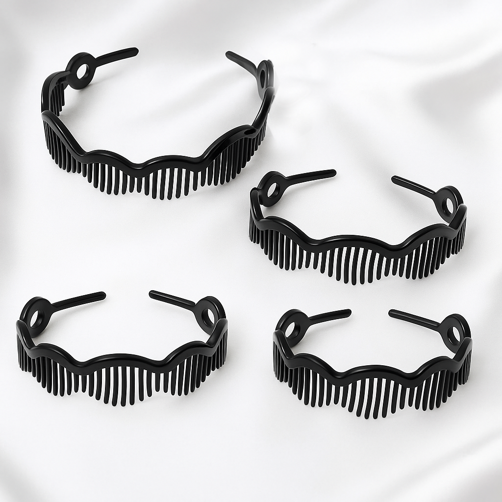 3-Pack Black Wave-Style Comb Headbands – No-Slip, Flexible Plastic Hair Bands for Women & Girls