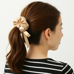 5-Pack Satin Scrunchies with Pearl & Ribbon – Elegant Hair Ties for Women and Girls