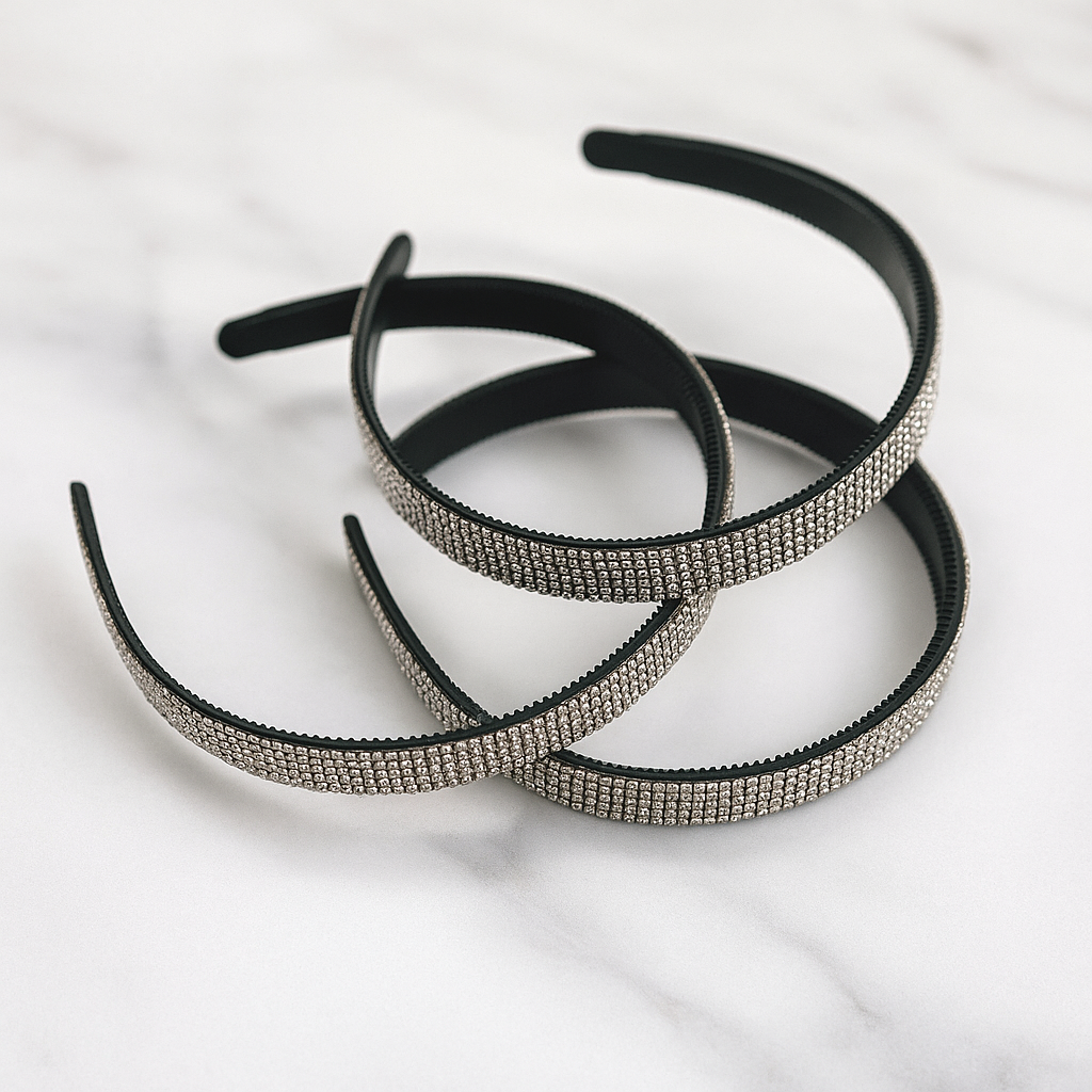 3-Pack Sparkling Rhinestone Headbands – Black Band with Crystal Studs for Elegant Hairstyles