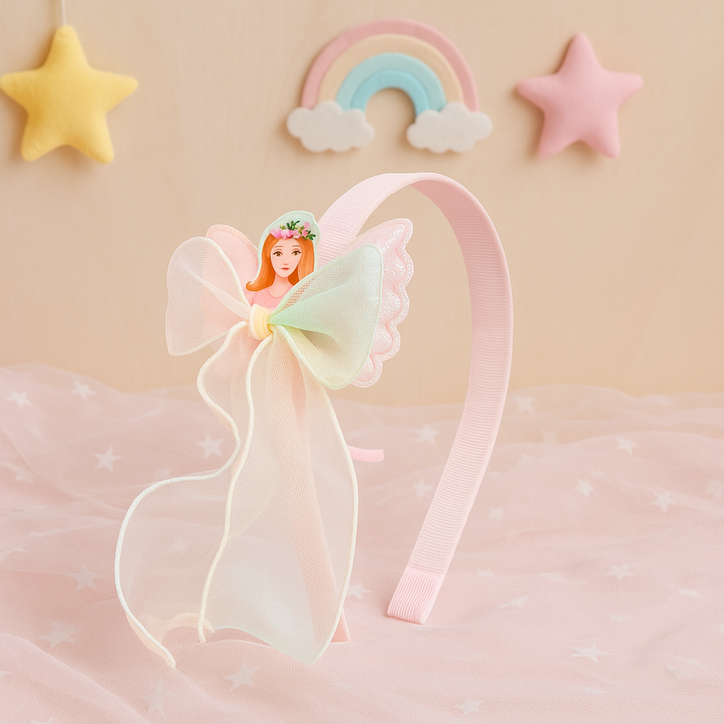 Pastel Rainbow Fairy Princess Headband with Glitter Wings & Ribbons – Medium Size