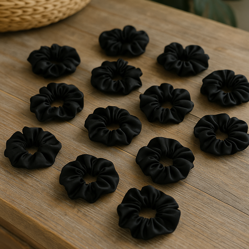 Classic Black Satin Scrunchies – Pack of 12