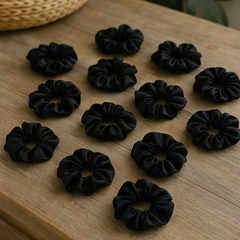 Classic Black Satin Scrunchies – Pack of 12