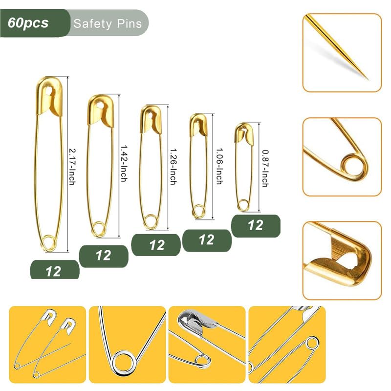 60-Piece Golden Safety Pins Set – Assorted Sizes (5 Sizes) – Rust-Resistant, Durable Metal Pins for Sewing, DIY, Crafts & Garments  Description: