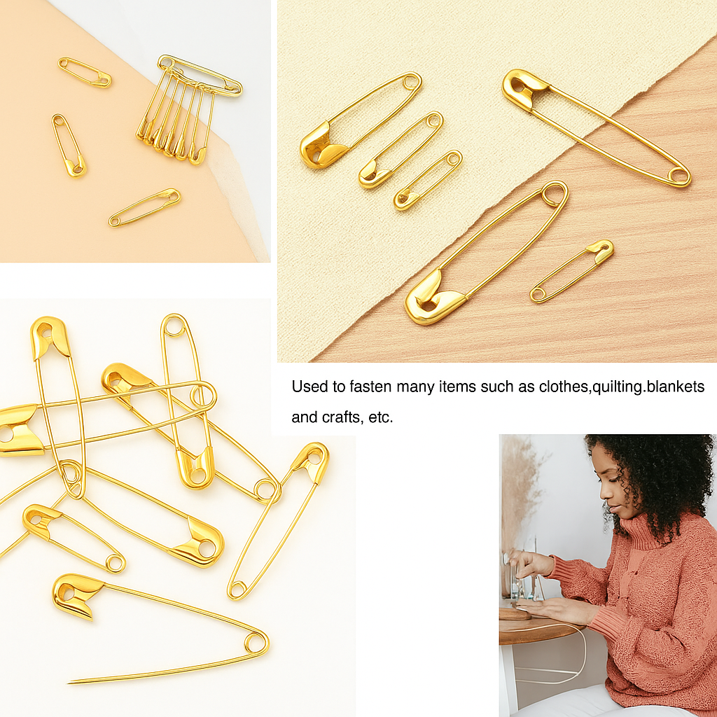 60-Piece Golden Safety Pins Set – Assorted Sizes (5 Sizes) – Rust-Resistant, Durable Metal Pins for Sewing, DIY, Crafts & Garments  Description: