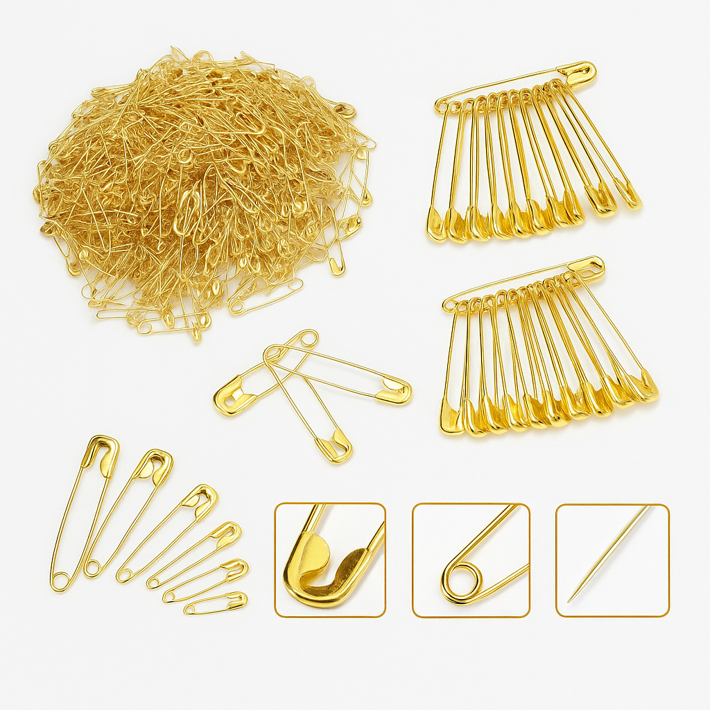 60-Piece Golden Safety Pins Set – Assorted Sizes (5 Sizes) – Rust-Resistant, Durable Metal Pins for Sewing, DIY, Crafts & Garments  Description: